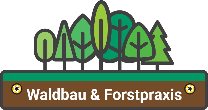 Seven different stylized green trees stand on a horizontal rectangle. The rectangle is green along the top and brown along the bottom, evoking grass upon earth. In the brown layer, there is a golden screw head on either side of the white text "Waldbau & Forstpraxis"